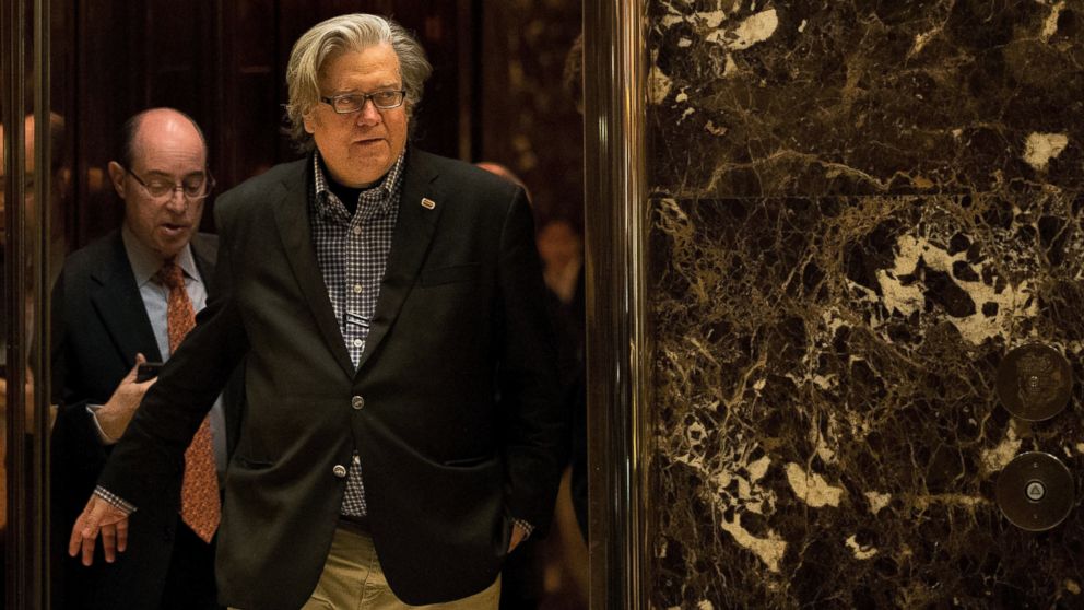 Steve Bannon exits an elevator in the lobby of Trump Tower, Nov. 11, 2016, in New York.