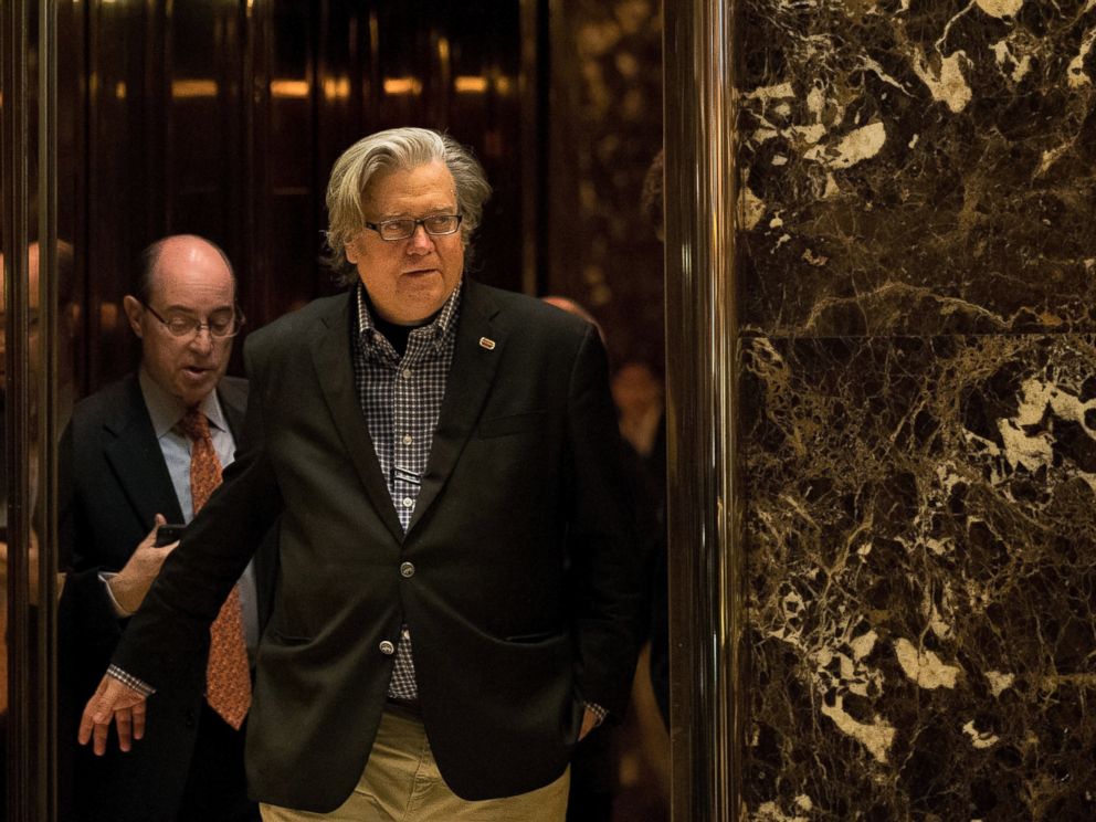 PHOTO: Steve Bannon exits an elevator in the lobby of Trump Tower, Nov. 11, 2016, in New York.