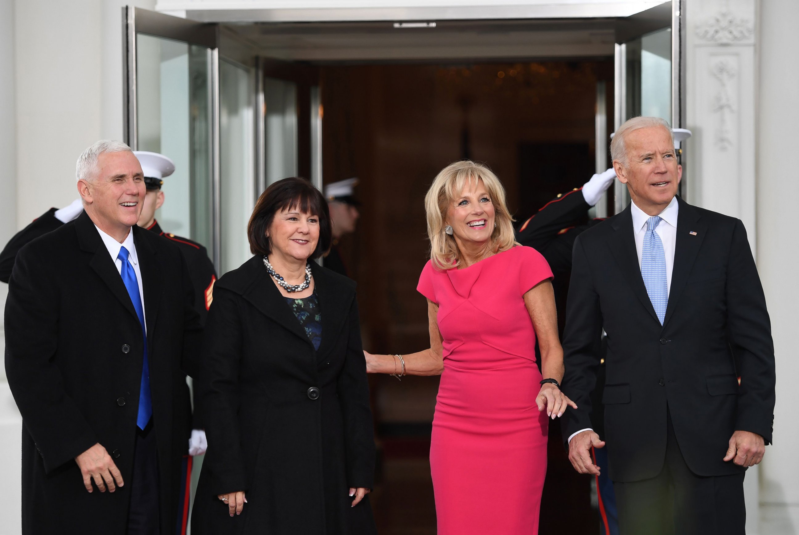 PHOTO: Vice President Joe Biden and his wife Dr. Jill Biden, welcome Vice President-elect Mike Pence and his wife Karen to the White House before the inauguration ceremony, Jan. 20, 2017. 