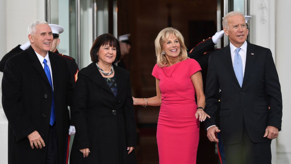PHOTO: Vice President Joe Biden and his wife Dr. Jill Biden, welcome Vice President-elect Mike Pence and his wife Karen to the White House before the inauguration ceremony, Jan. 20, 2017. 