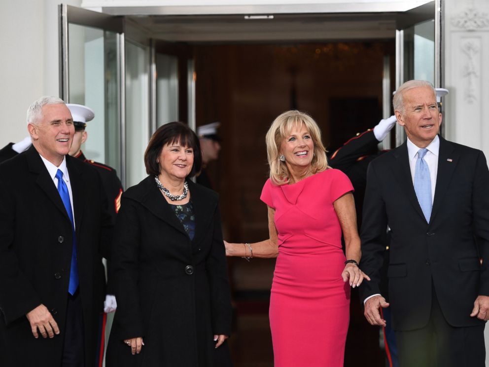 PHOTO: Vice President Joe Biden and his wife Dr. Jill Biden, welcome Vice President-elect Mike Pence and his wife Karen to the White House before the inauguration ceremony, Jan. 20, 2017.