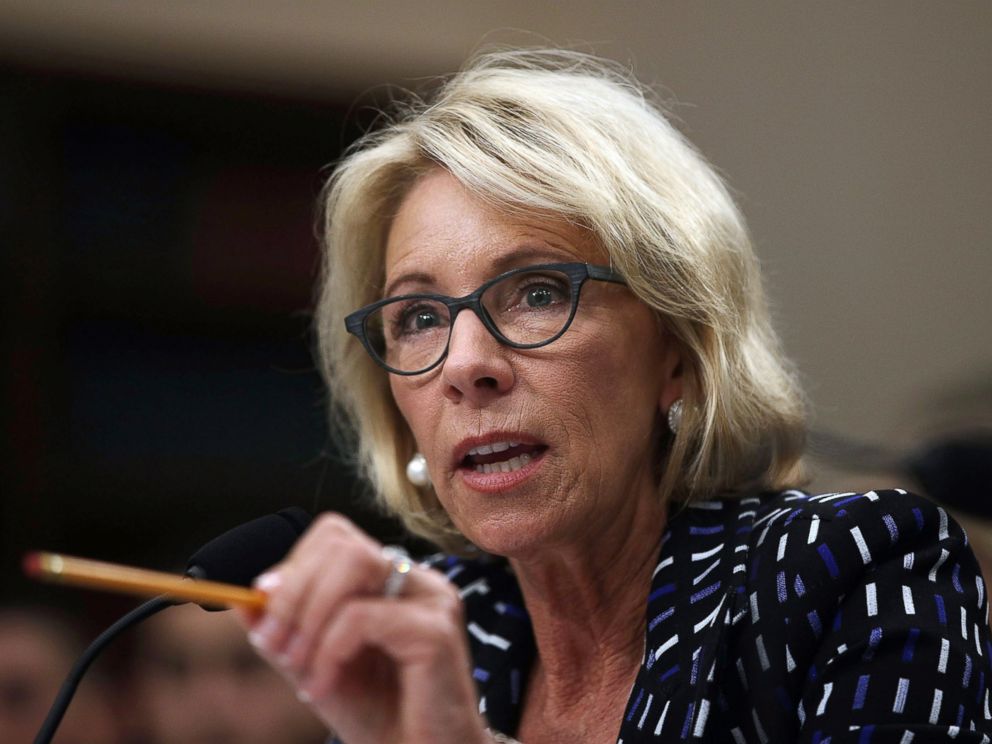 PHOTO: Secretary of Education Betsy DeVos testifies during a hearing before the Labor, Health and Human Services, Education and Related Agencies Subcommittee of the House Appropriations Committee, May 24, 2017, on Capitol Hill.