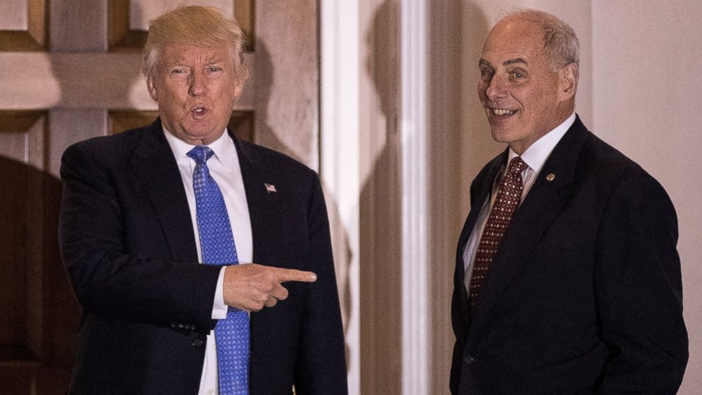 President-elect Donald Trump points at U.S. Marine Corps General John Kelly before their meeting at Trump International Golf Club, Nov. 20, 2016 in Bedminster Township, New Jersey.