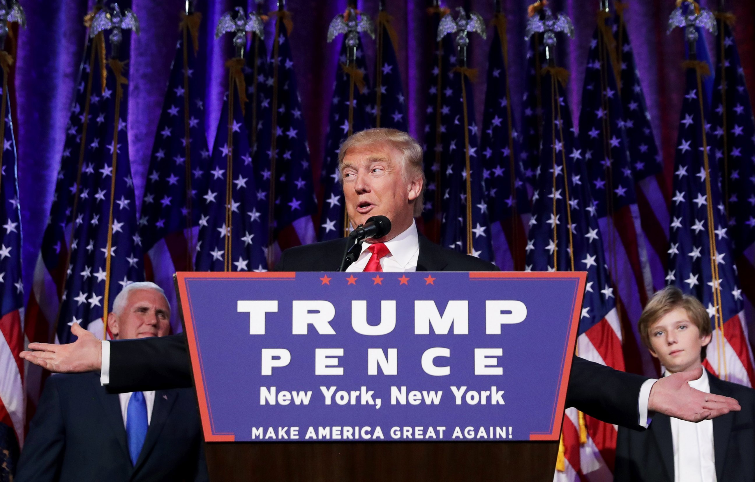 PHOTO: President-elect Donald Trump delivers his acceptance speech during his election night event at the New York Hilton Midtown in the early morning hours of Nov. 9, 2016 in New York City. 