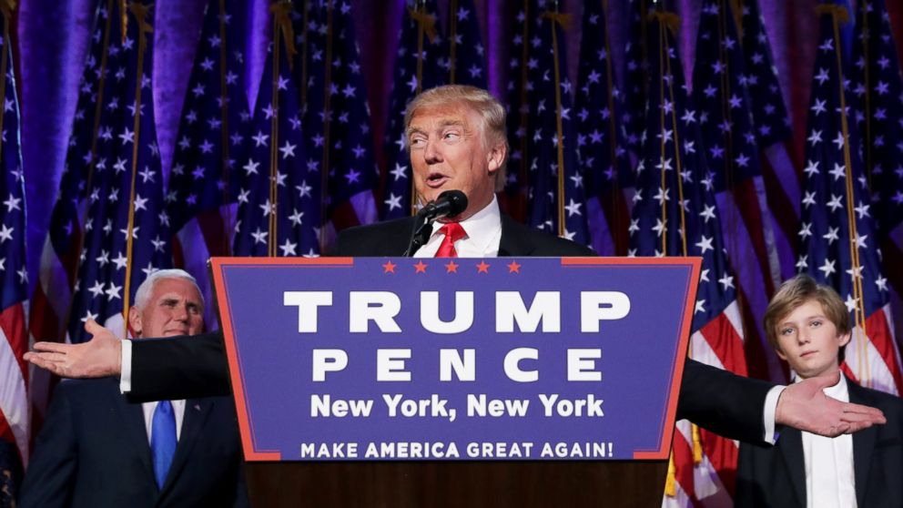 President-elect Donald Trump delivers his acceptance speech during his election night event at the New York Hilton Midtown in the early morning hours of Nov. 9, 2016 in New York City. 