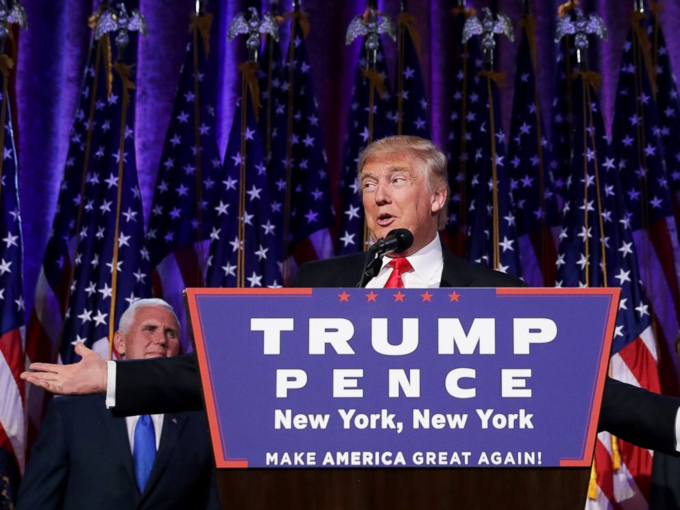 PHOTO: President-elect Donald Trump delivers his acceptance speech during his election night event at the New York Hilton Midtown in the early morning hours of Nov. 9, 2016 in New York City.
