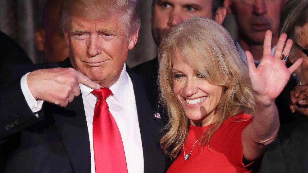 President-elect Donald Trump along with his campaign manager Kellyanne Conway acknowledge the crowd during his election night event at the New York Hilton Midtown in the early morning hours of Nov. 9, 2016 in New York City. 