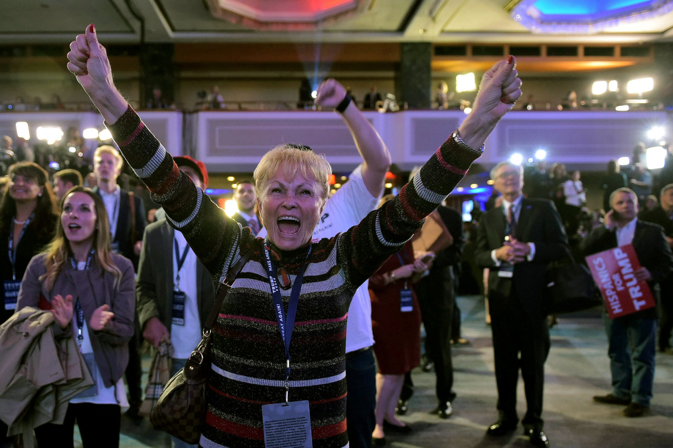 PHOTO: Supporters of Donald Trump react as they watch sate by state results unfold on election night at the New York Hilton Midtown in New York on Nov. 8, 2016.