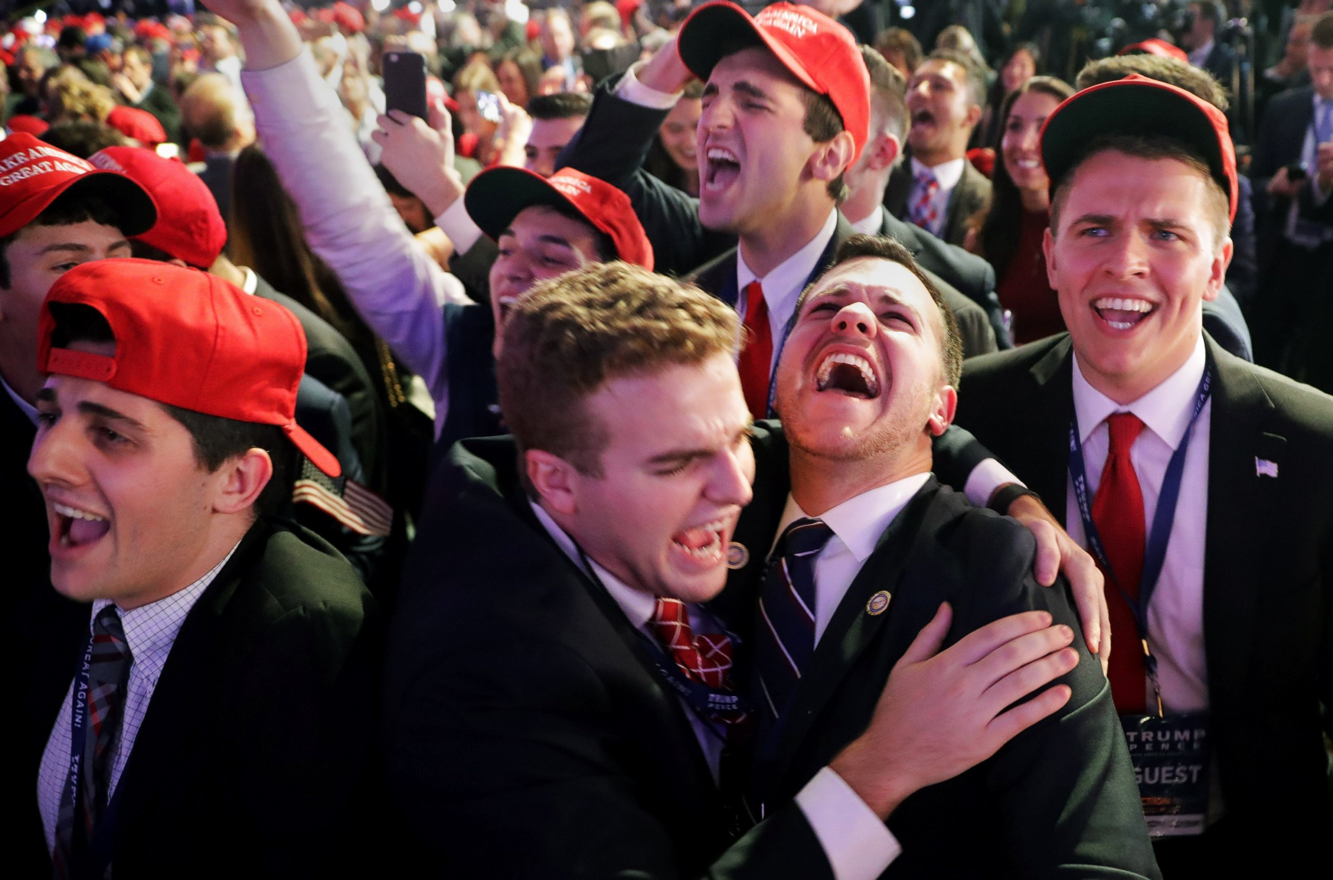 PHOTO: People cheer as voting results for Iowa come in at Donald Trump's election night event at the New York Hilton Midtown on Nov. 8, 2016 in New York City.