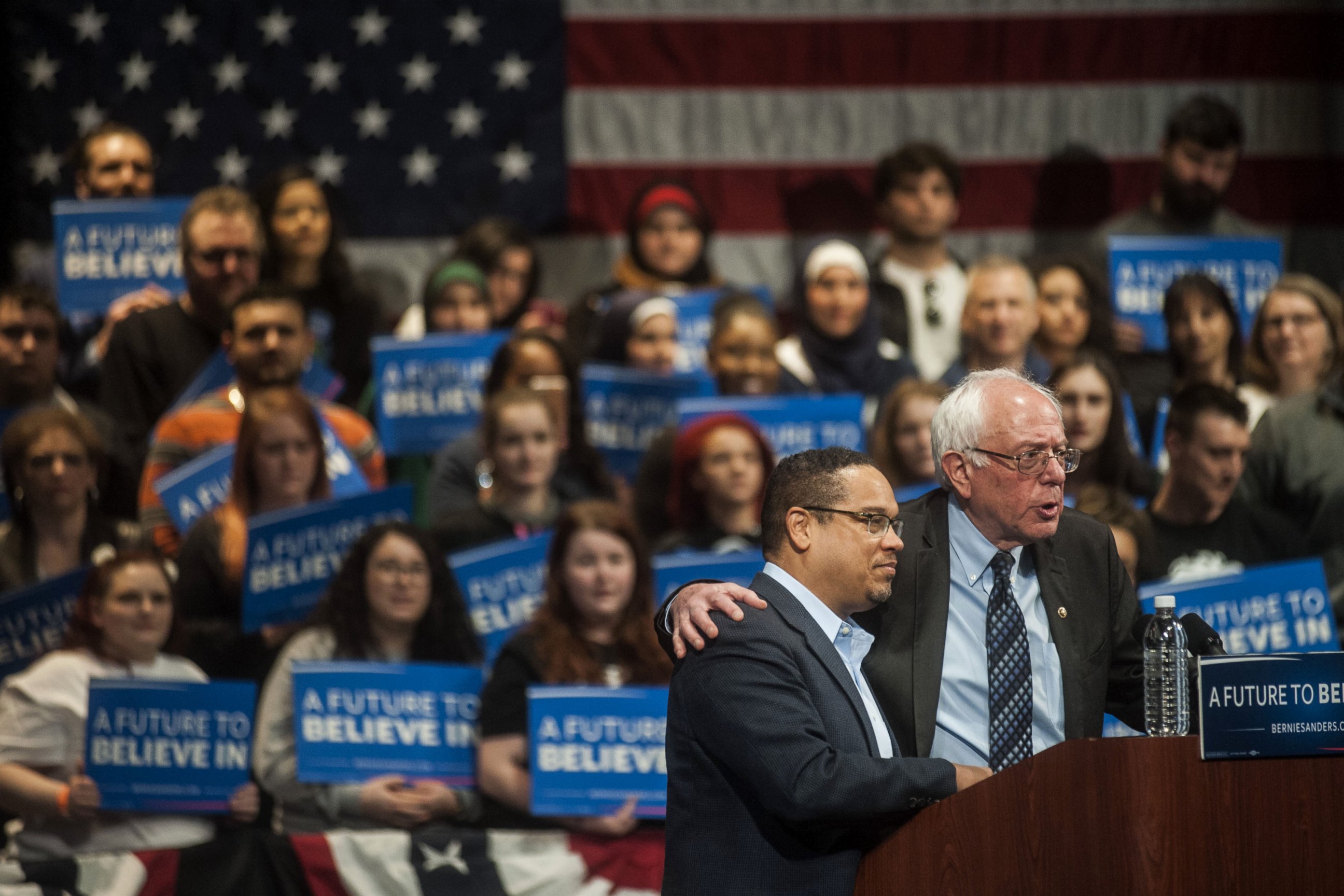 PHOTO: Keith Ellison and Bernie Sanders speak during a campaign event in Dearborn, Michigan, March 7, 2016. 