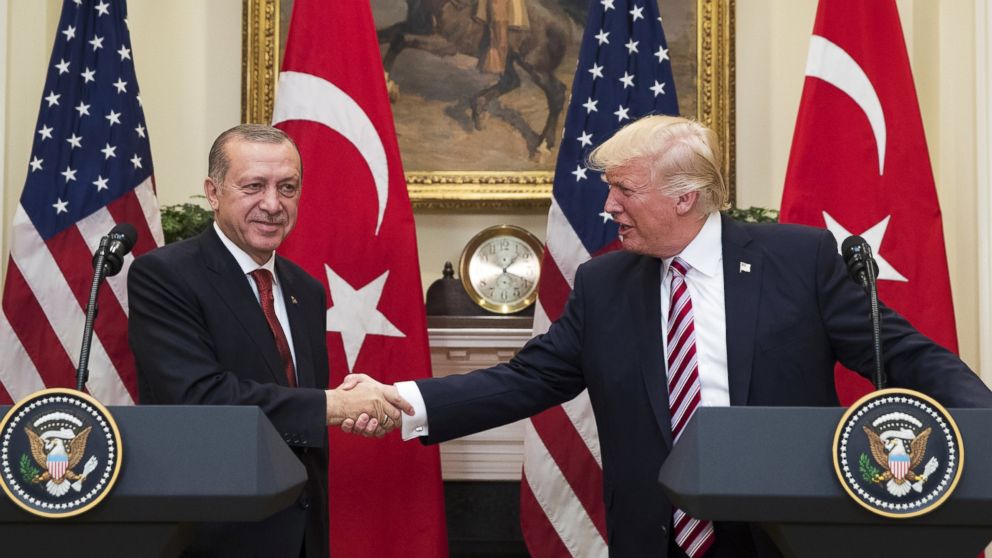 President Donald Trump shakes hands with President of Turkey Recep Tayyip Erdogan in the Roosevelt Room where they issued a joint statement following their meeting at the White House, May 16, 2017 in Washington, D.C.