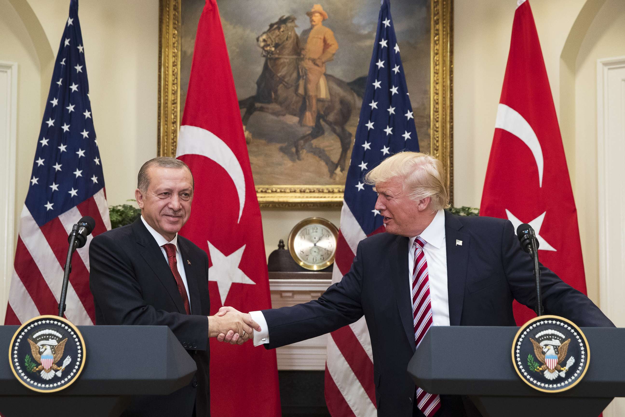 PHOTO: President Donald Trump shakes hands with President of Turkey Recep Tayyip Erdogan in the Roosevelt Room where they issued a joint statement following their meeting at the White House, May 16, 2017 in Washington, D.C.