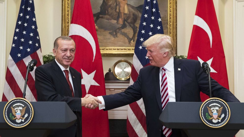 PHOTO: President Donald Trump shakes hands with President of Turkey Recep Tayyip Erdogan in the Roosevelt Room where they issued a joint statement following their meeting at the White House, May 16, 2017 in Washington, D.C.