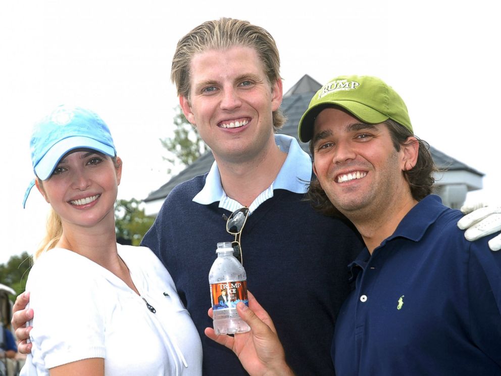 PHOTO: Ivanka Trump, Eric Trump and Donald Trump Jr. pose with a bottle of Trump Ice Water at the 2008 Eric Trump Foundation Golf Outing at the Trump National Golf Club on Sep. 16, 2008 in Westchester, N.Y.