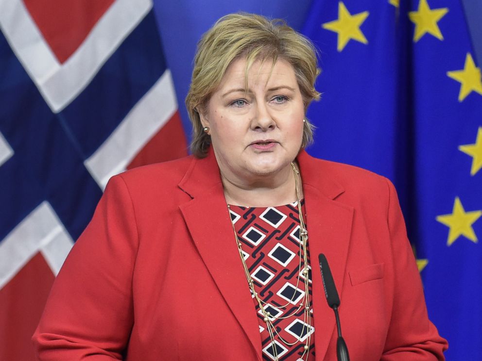 PHOTO: Norwegian Prime Minister Erna Solberg talks during a joint press conference with European Commission President Jean-Claude Juncker (unseen), Jan. 21, 2015, at the EU Headquarters in Brussels. 