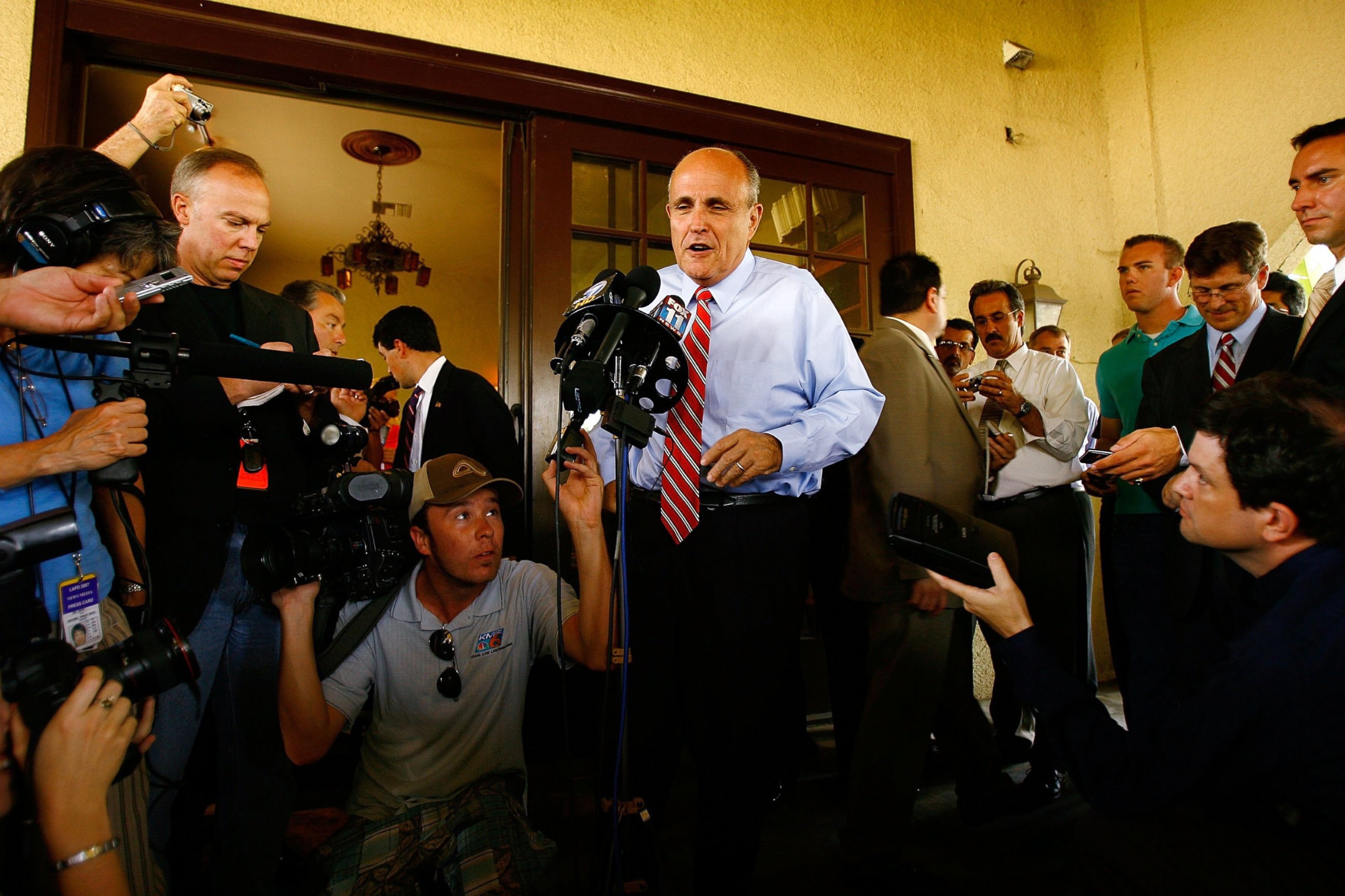 PHOTO: Republican presidential nomination hopeful, former New York City Mayor Rudy Giuliani, talks to the reporters as he campaigns, July 24, 2007, in Riverside, California.