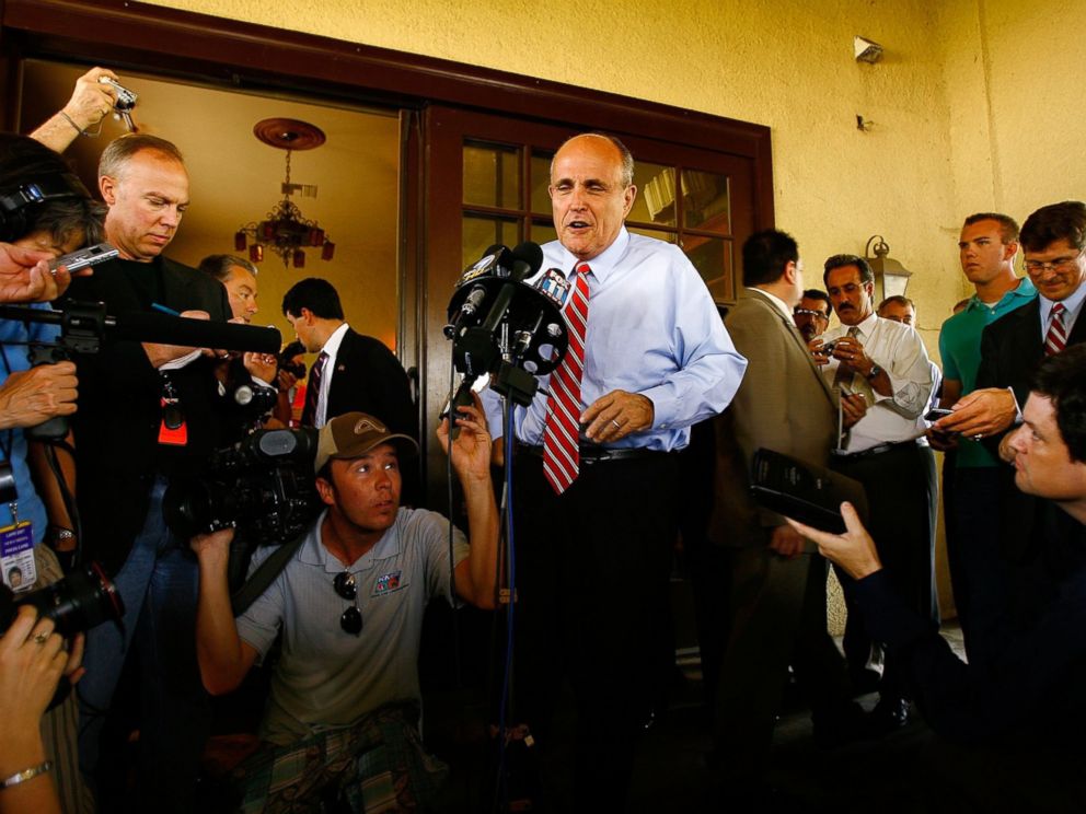 PHOTO: Republican presidential nomination hopeful, former New York City Mayor Rudy Giuliani, talks to the reporters as he campaigns, July 24, 2007, in Riverside, California.
