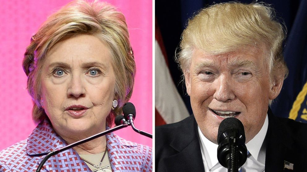 Hillary Clinton speaks on May 2, 2017 in New York and Donald Trump speaks on April 27 in Washington.