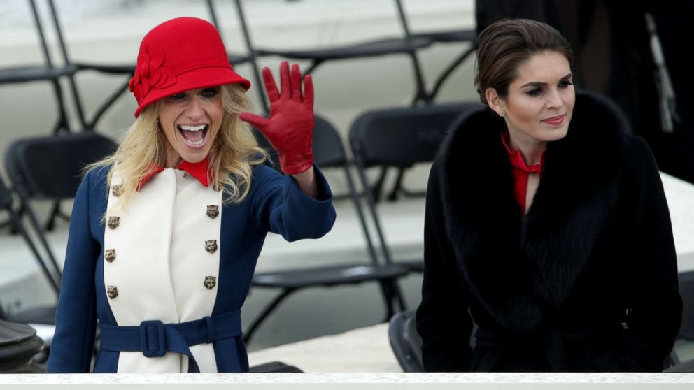 PHOTO: Trump advisers Kellyanne Conway and Hope Hicks look on, Jan. 20, 2017, in Washington, DC.
