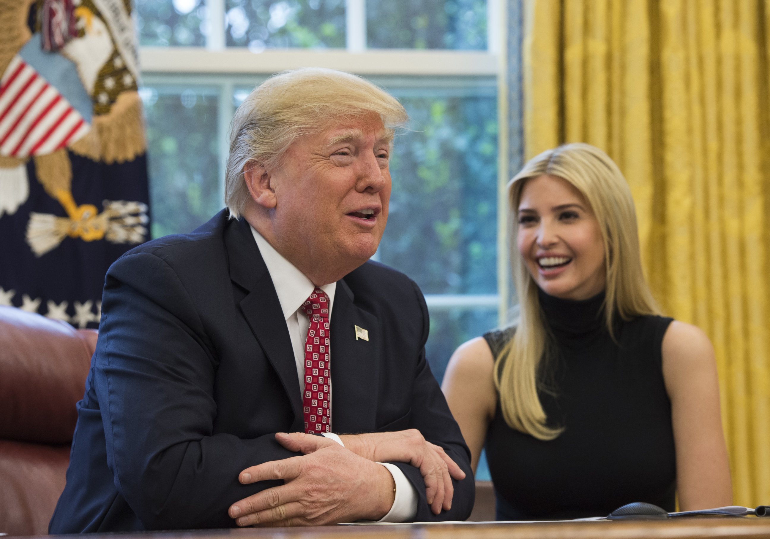PHOTO: President Donald Trump speaks along side his daughter Ivanka Trump while holding a video conference to the International Space Station with NASA astronauts, including Peggy Whitson, inside the Oval Office of the White House, April 24, 2017. 