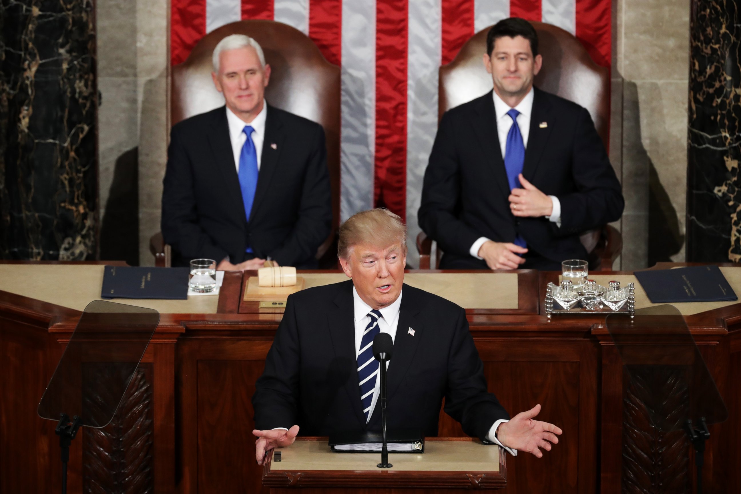 PHOTO: President Donald Trump addresses a joint session of the U.S. Congress as Vice President Mike Penceand House Speaker Rep. Paul Ryan look on on Feb. 28, 2017 in Washington, DC.