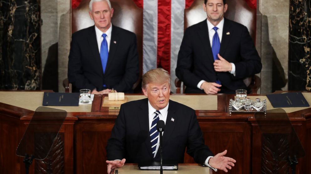 President Donald Trump addresses a joint session of the U.S. Congress as Vice President Mike Penceand House Speaker Rep. Paul Ryan look on on Feb. 28, 2017 in Washington, DC. Trump's first address to Congress focused on national security, tax and regulatory reform, the economy, and healthcare.