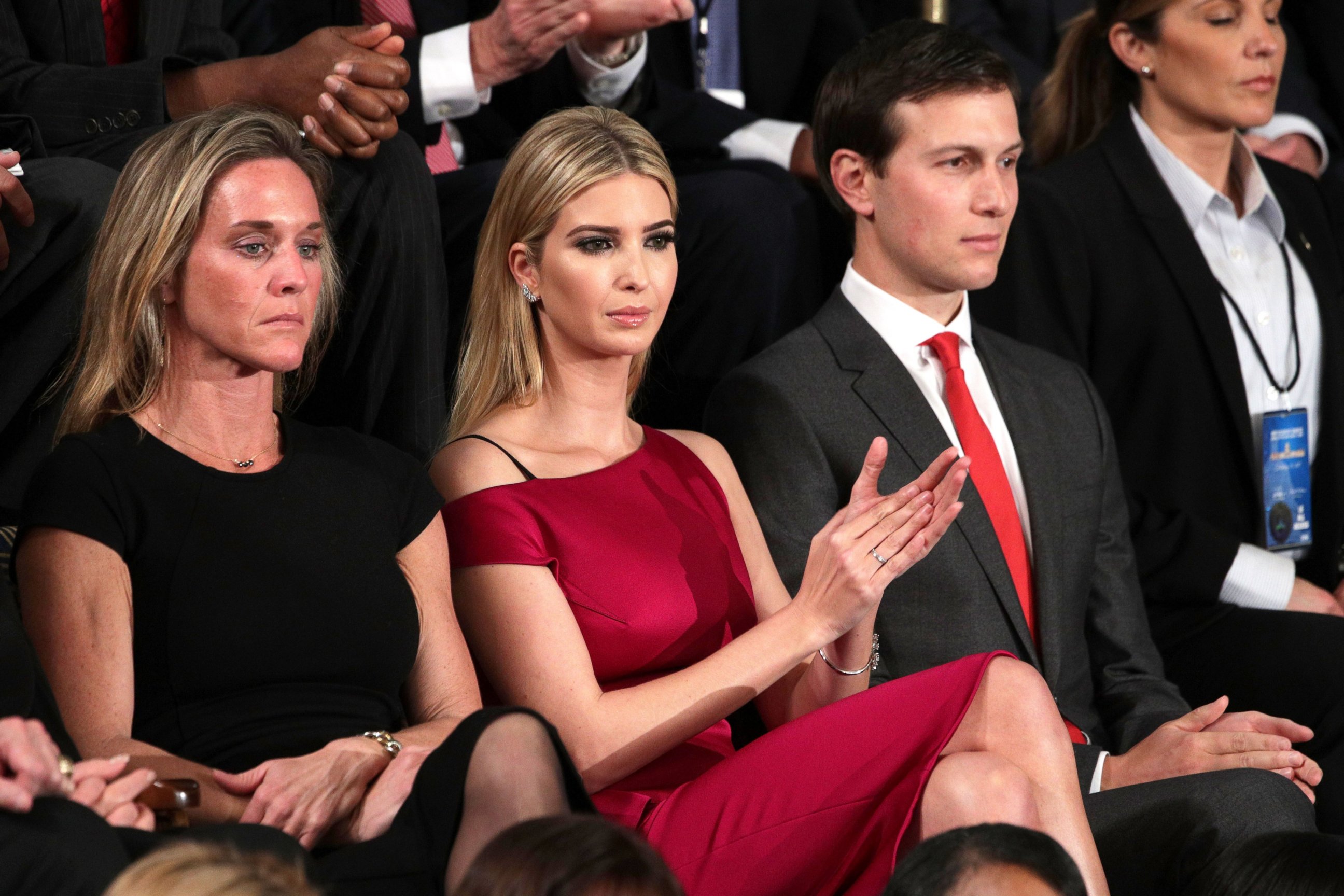 PHOTO: Ivanka Trump and White House Senior Advisor to the President for Strategic Planning Jared Kushner look on as President Donald Trump addresses a joint session of the U.S. Congress on Feb. 28, 2017 in Washington, DC.