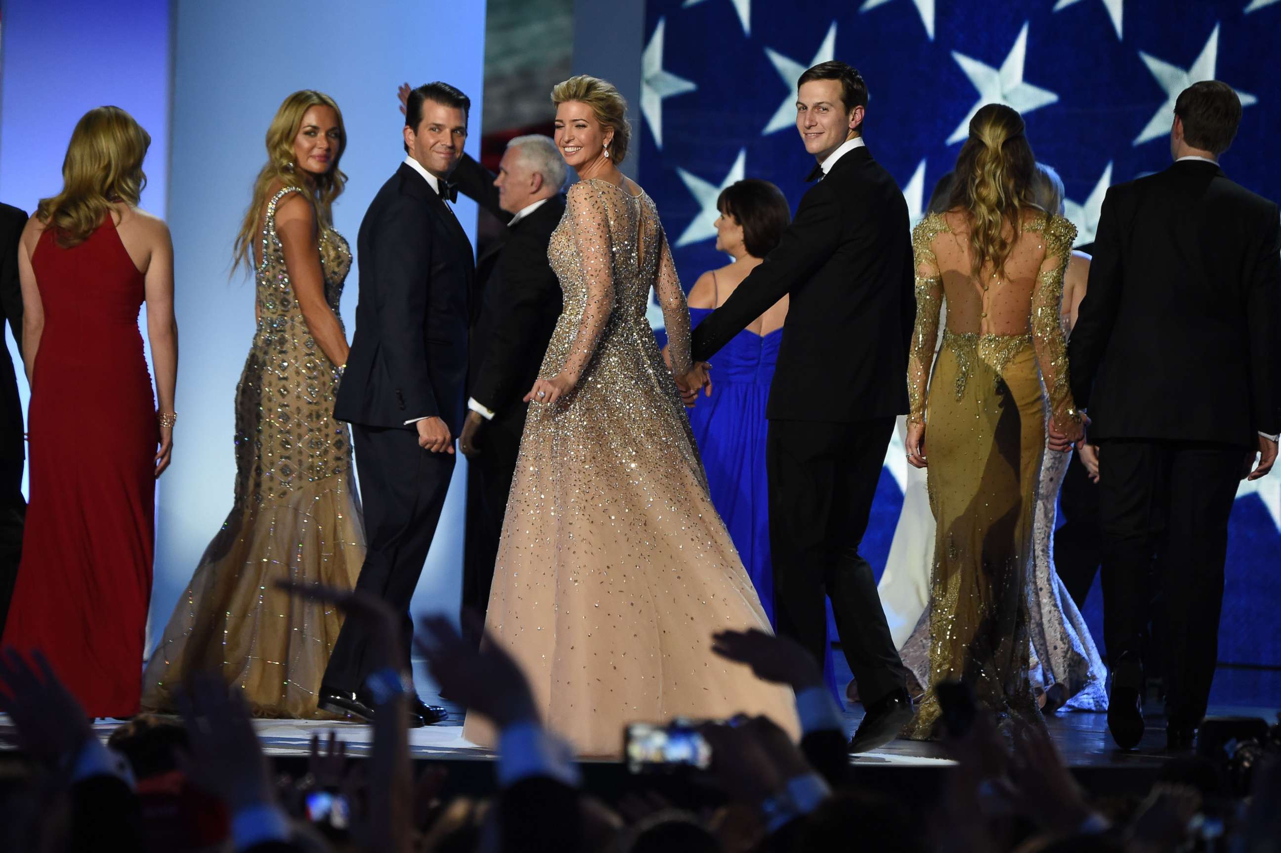 PHOTO: Vanessa and Donald Trump Jr, Ivanka Trump and Jared Kushner salute the crowd after dancing on stage during the Freedom ball at the Walter E. Washington Convention Center, Jan. 20, 2017, in Washington, D.C.