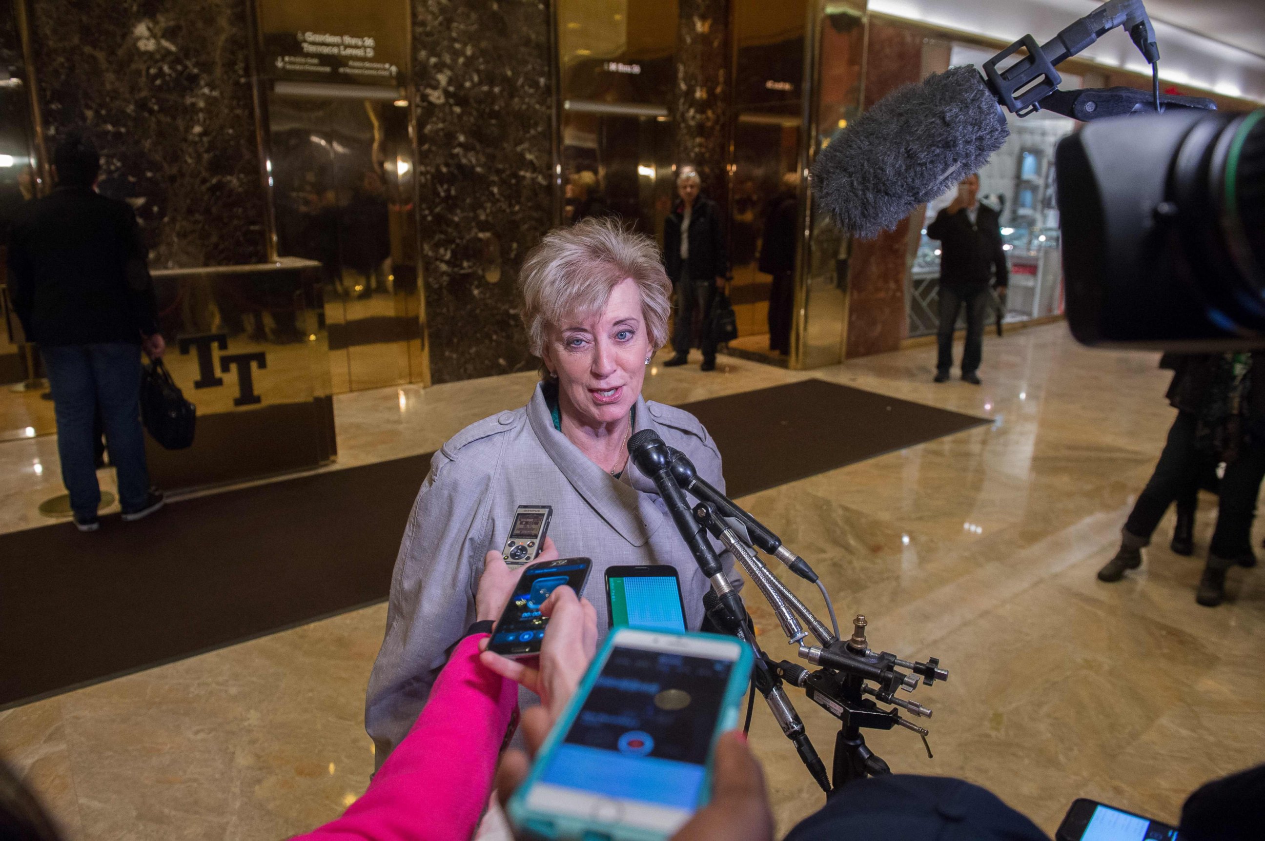 PHOTO: Former Republican Party Senate candidate Linda McMahon speaks to the media at Trump Tower in New York City, Nov. 30, 2016.