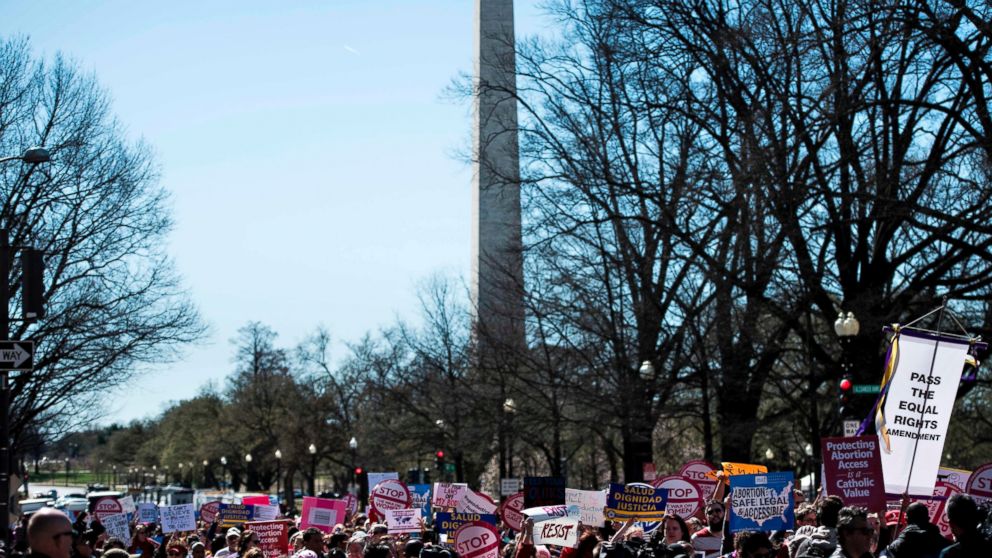 PHOTO:Activists protest the Trump administration and rally for women's rights during a march to honor International Woman's Day, March 8, 2017, in Washington, D.C. 