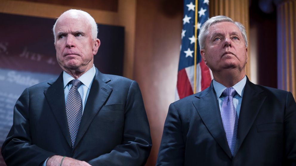 Senators John McCain, R-Ariz., left, and Lindsey Graham, R-S.C., attend a news conference in the Capitol introducing a bipartisan bill to increase sanctions on Russia for it's role in U.S. computer hacking, Jan. 10, 2017.