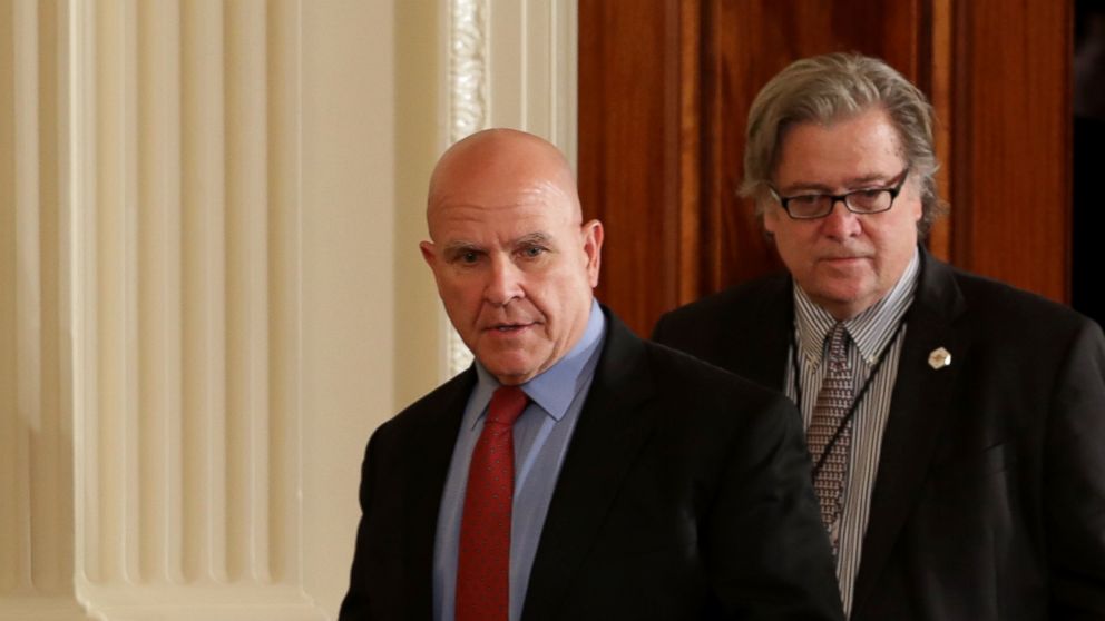 National Security Advisor H.R. McMaster and White House Chief Strategist Steve Bannon arrive for a news conference with NATO Secretary General Jens Stoltenberg and U.S. President Donald Trump at the White House, April 12, 2017.  