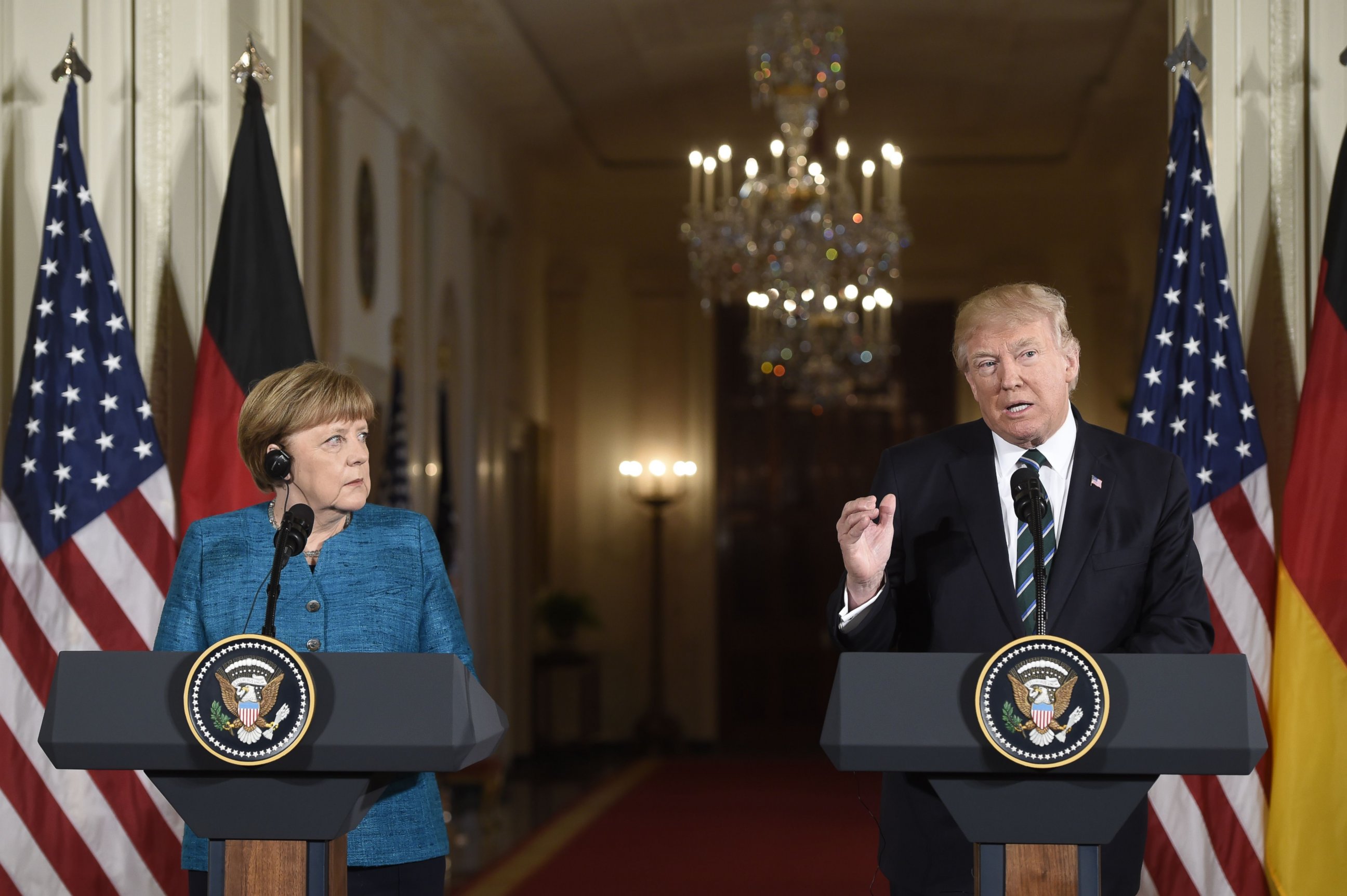 PHOTO: German Chancellor Angela Merkel and President Donald Trump hold a joint press conference in the East Room of the White House, March 17, 2017. 