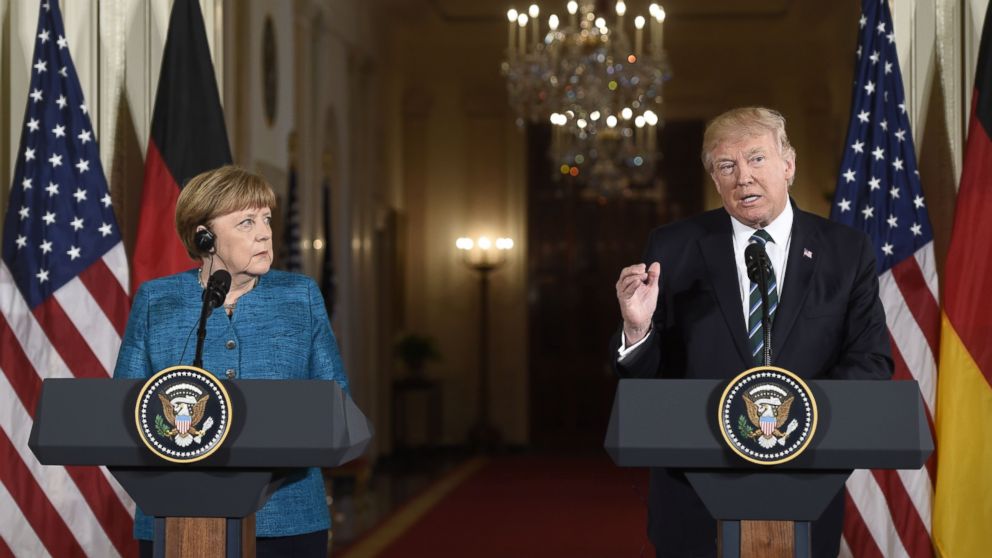 German Chancellor Angela Merkel and President Donald Trump hold a joint press conference in the East Room of the White House, March 17, 2017.