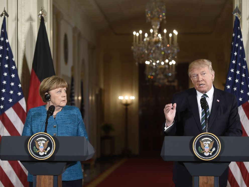 PHOTO: German Chancellor Angela Merkel and President Donald Trump hold a joint press conference in the East Room of the White House, March 17, 2017.