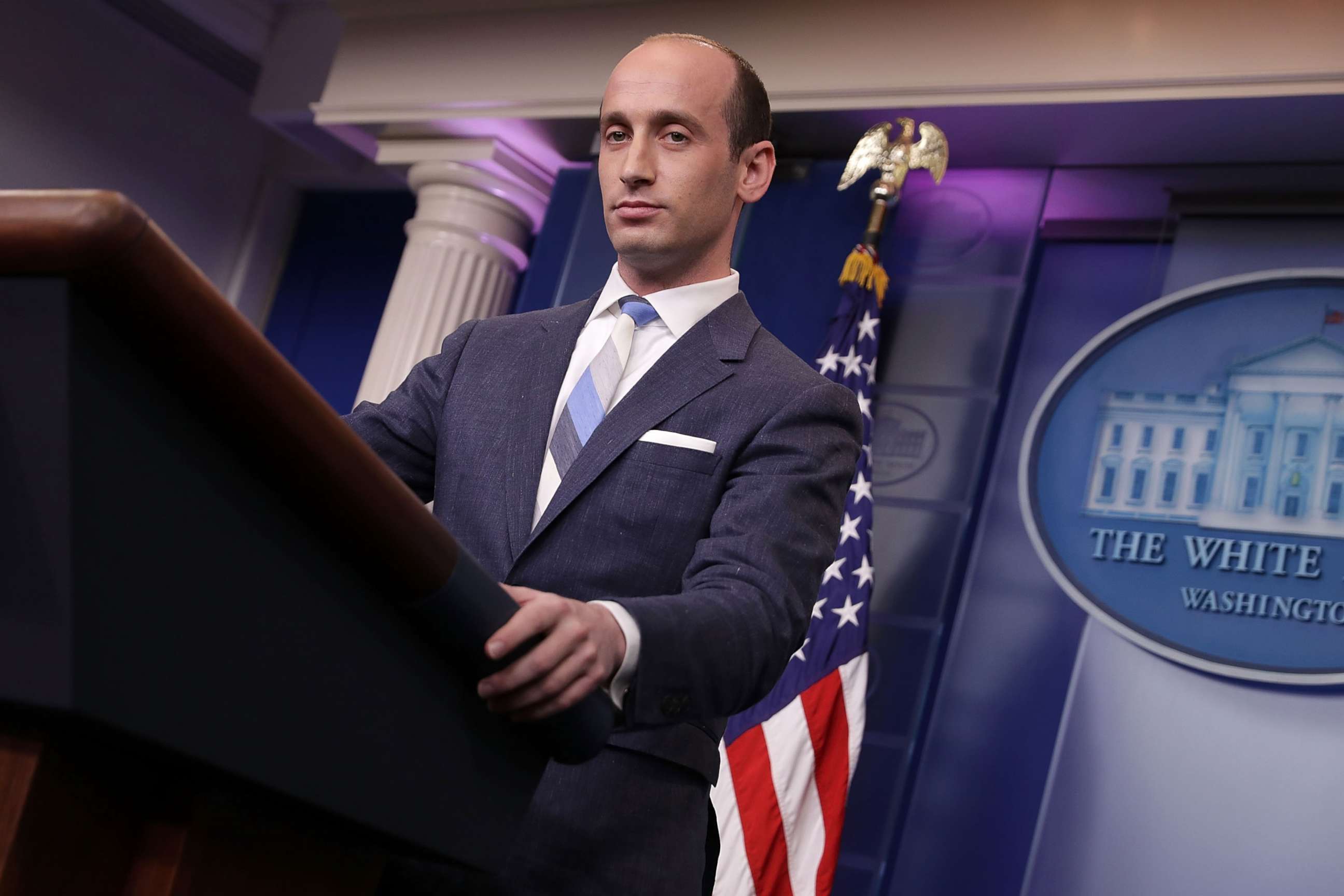 PHOTO: Senior Advisor to the President for Policy Stephen Miller talks to reporters at the White House, Aug. 2, 2017.