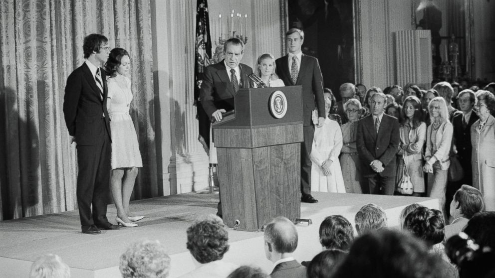 PHOTO: President Richard Nixon says an emotional farewell to members of his cabinet and staff in the East room of the White House, Aug. 9, 1974, before his departure after his resignation. 