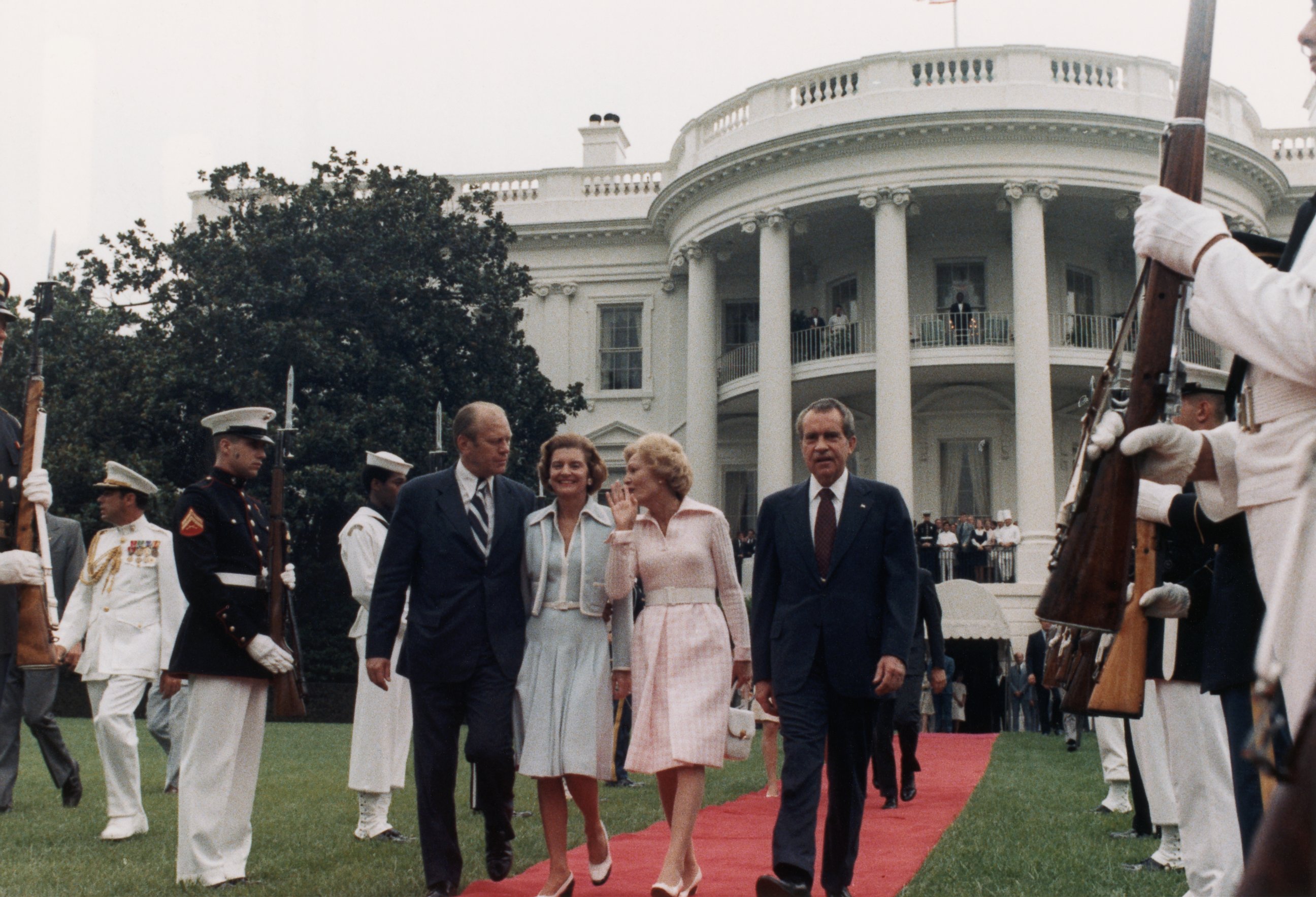 PHOTO: After resigning, President Nixon leaves the White House with his family, vice president Ford and his wife, Aug. 9, 1974.