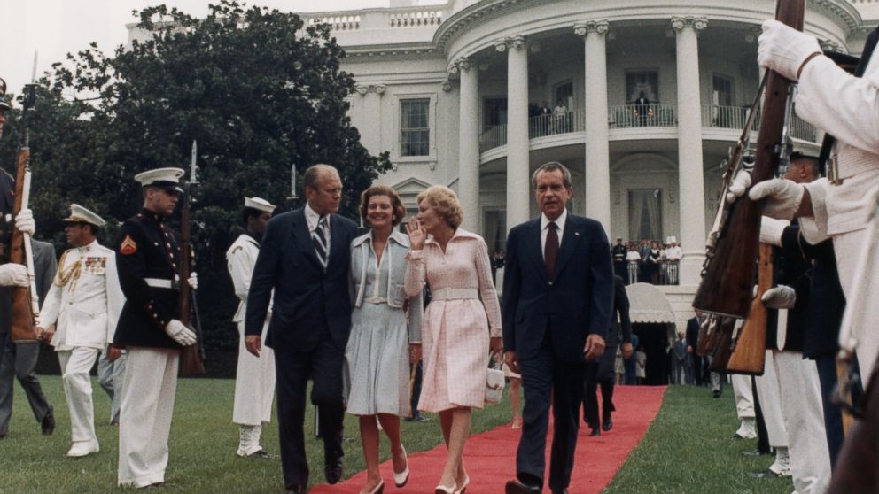 PHOTO: After resigning, President Nixon leaves the White House with his family, vice president Ford and his wife, Aug. 9, 1974.