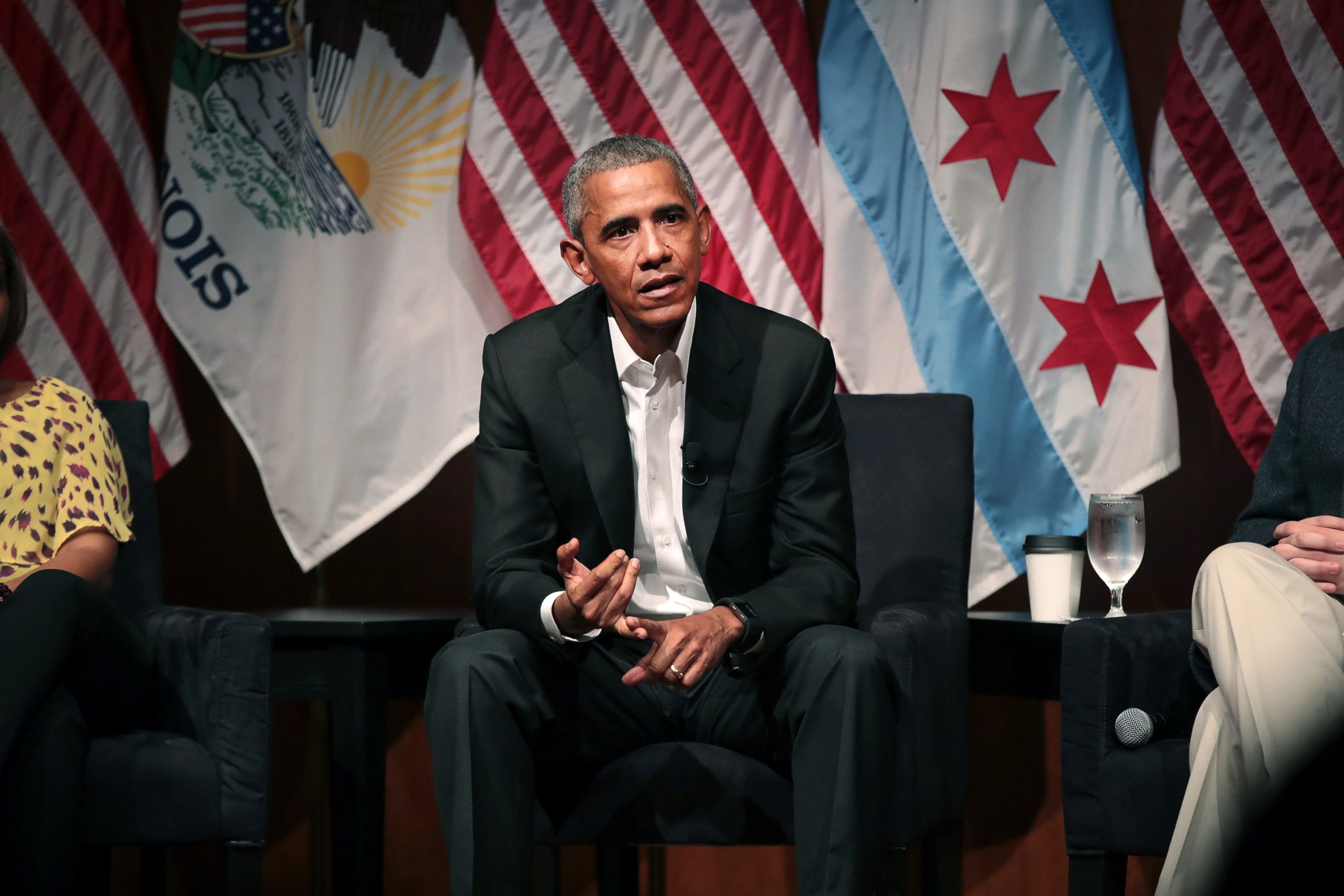PHOTO: Former President Barack Obama visits with youth leaders at the University of Chicago to help promote community organizing, April 24, 2017, in Chicago.  
