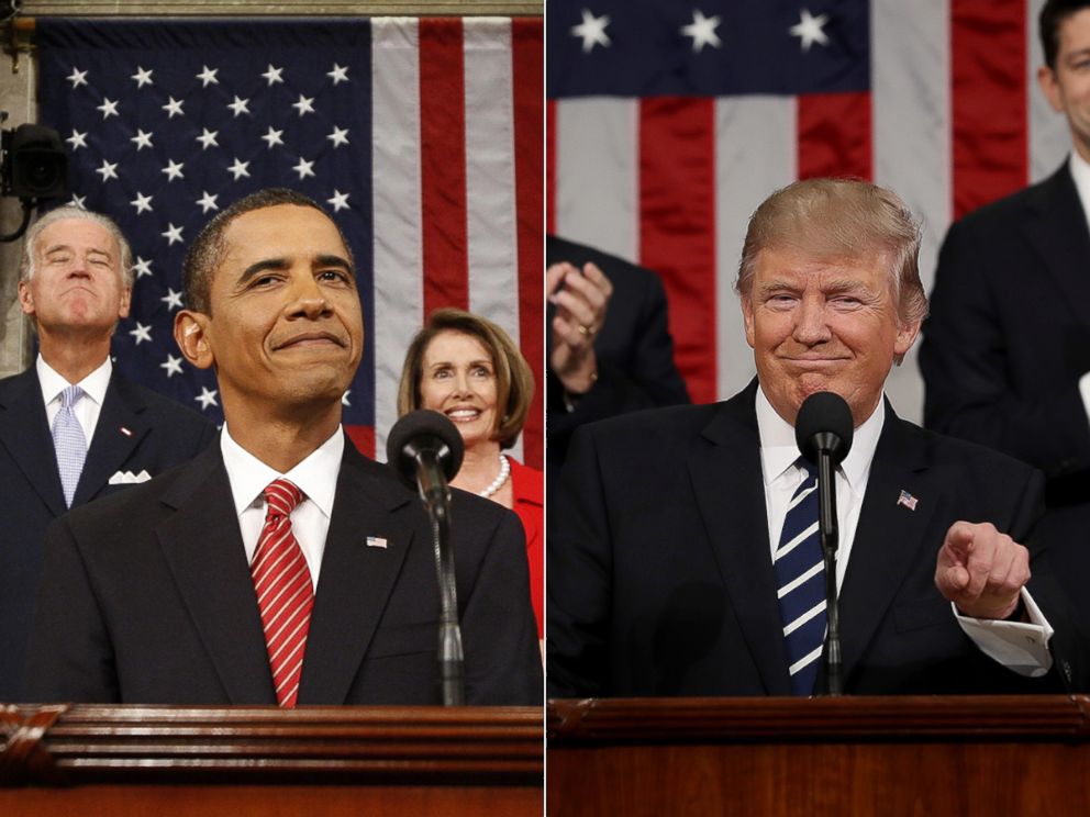 PHOTO: President Barack Obama speaks on health care before a joint session of the Congress on Capitol Hill, Sept. 9, 2009. President Donald Trump delivers his first address to a joint session of the U.S. Congress, Feb. 28, 2017, at the U.S. Capitol.