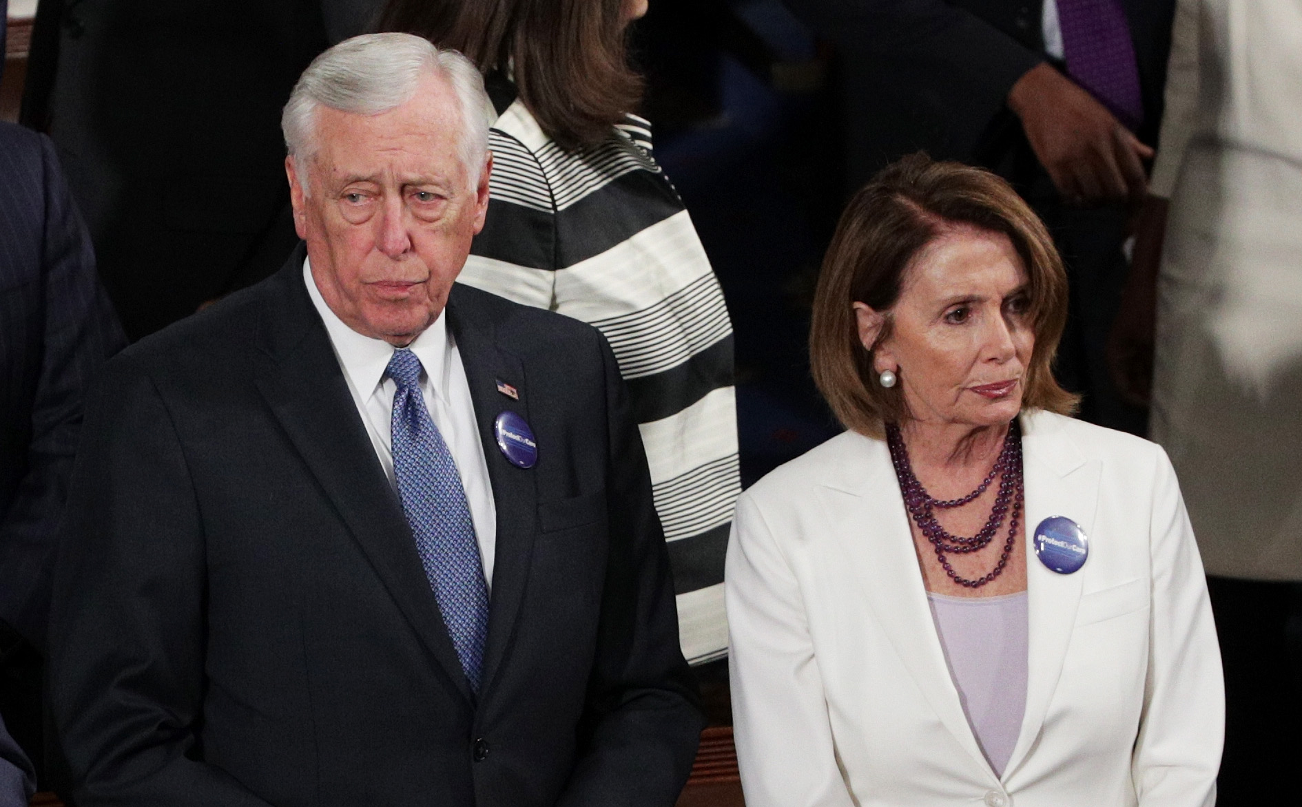 PHOTO: Rep Steny Hoyer (D-MD) and  House Minority Leader Nancy Pelosi (D-CA) arrive to a joint session of the U.S. Congress with President Donald Trump, Feb. 28, 2017.