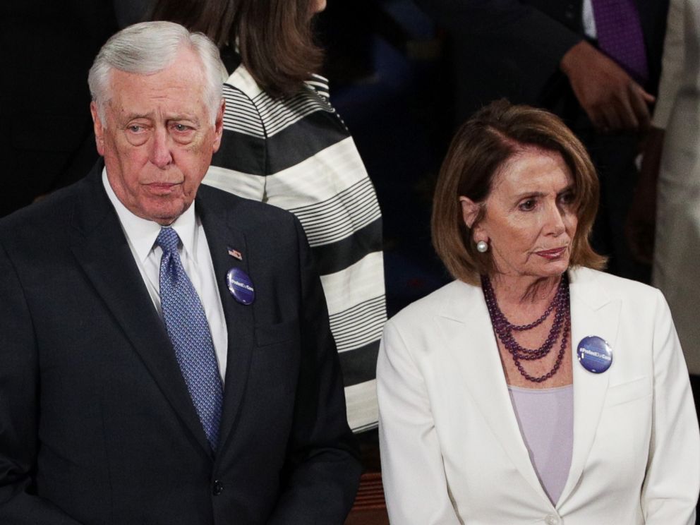 PHOTO: Rep Steny Hoyer (D-MD) and House Minority Leader Nancy Pelosi (D-CA) arrive to a joint session of the U.S. Congress with President Donald Trump, Feb. 28, 2017.