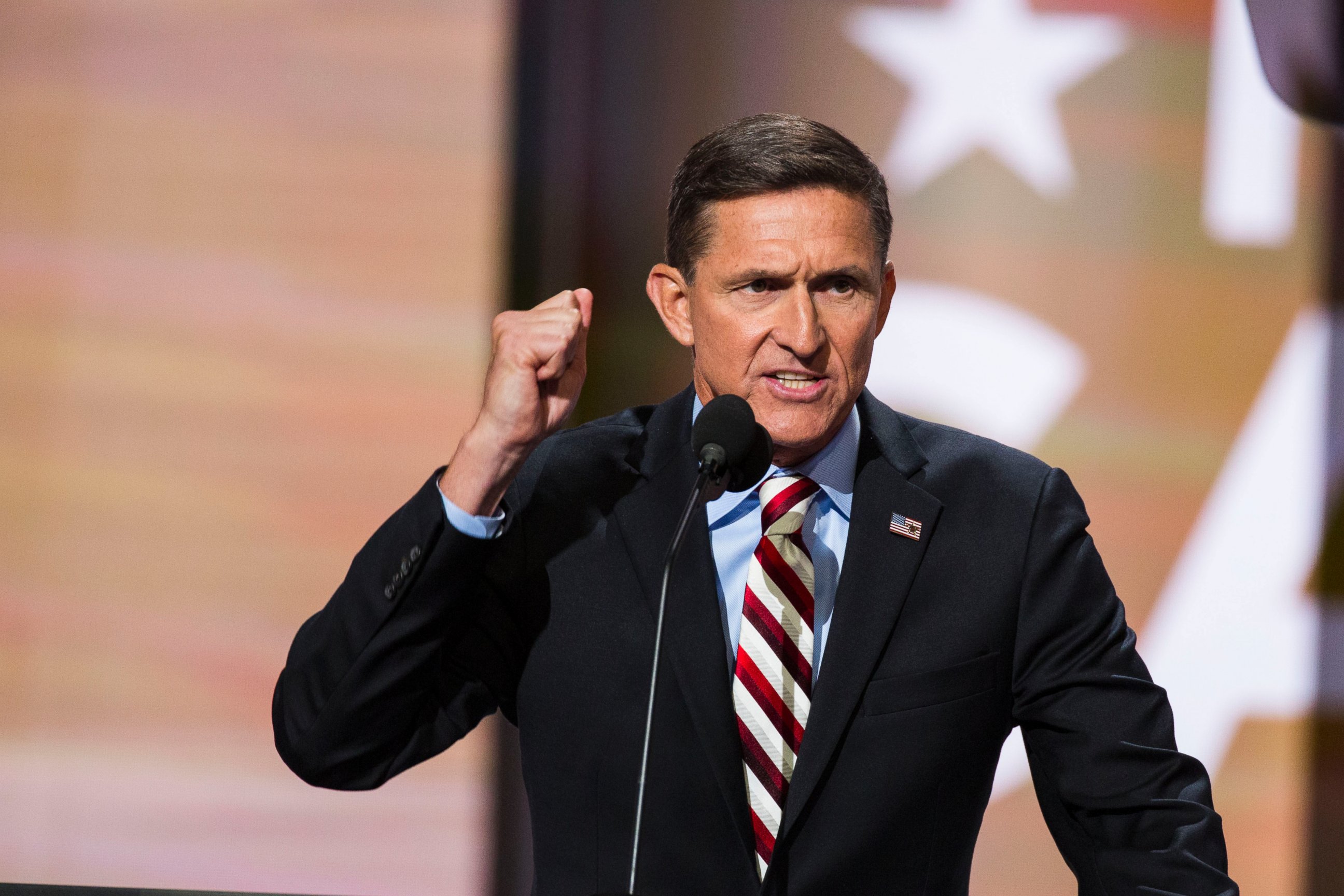 PHOTO: Retired Lt. Gen. Michael Flynn delivers a speech on the first day of the Republican National Convention, July 18, 2016, at the Quicken Loans Arena in Cleveland, Ohio. 