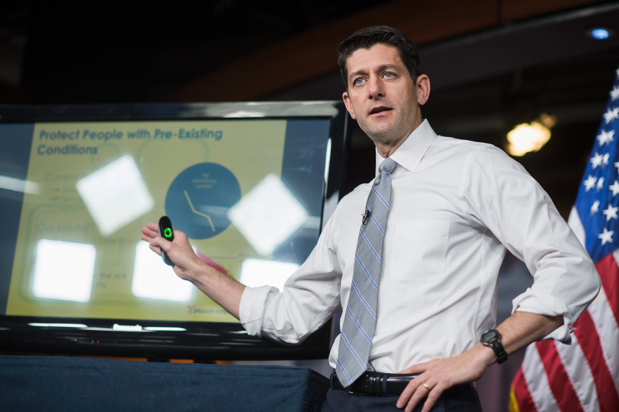 PHOTO: Speaker of the House Paul Ryan, R-Wis., conducts a presentation of the American Health Care Act, the GOP's plan to repeal and replace the Affordable Care Act, March 9, 2017, in Washington D.C. 