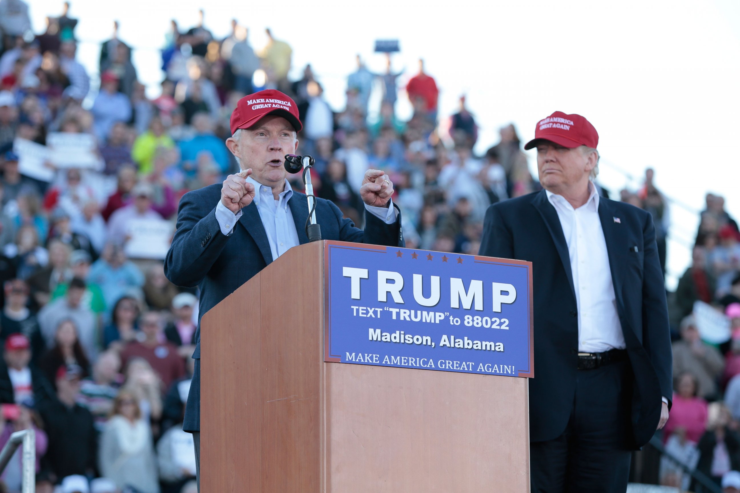 PHOTO: Senator Jeff Sessions, R-Ala., becomes the first Senator to endorse Donald Trump for President of the United States at Madison City Stadium, Feb. 28, 2016, in Madison, Ala. 