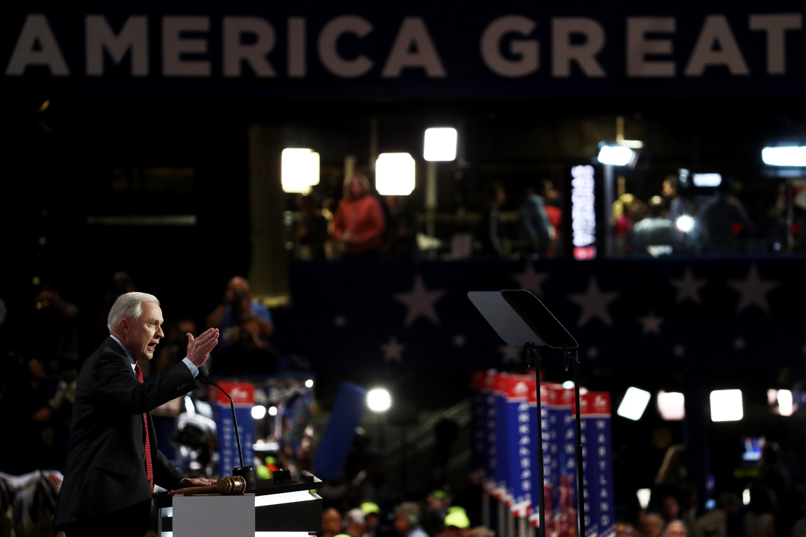 PHOTO: Sen. Jeff Sessions (R-AL) delivers a speech during the opening of the second day of the Republican National Convention, July 19, 2016, at the Quicken Loans Arena in Cleveland, Ohio. 