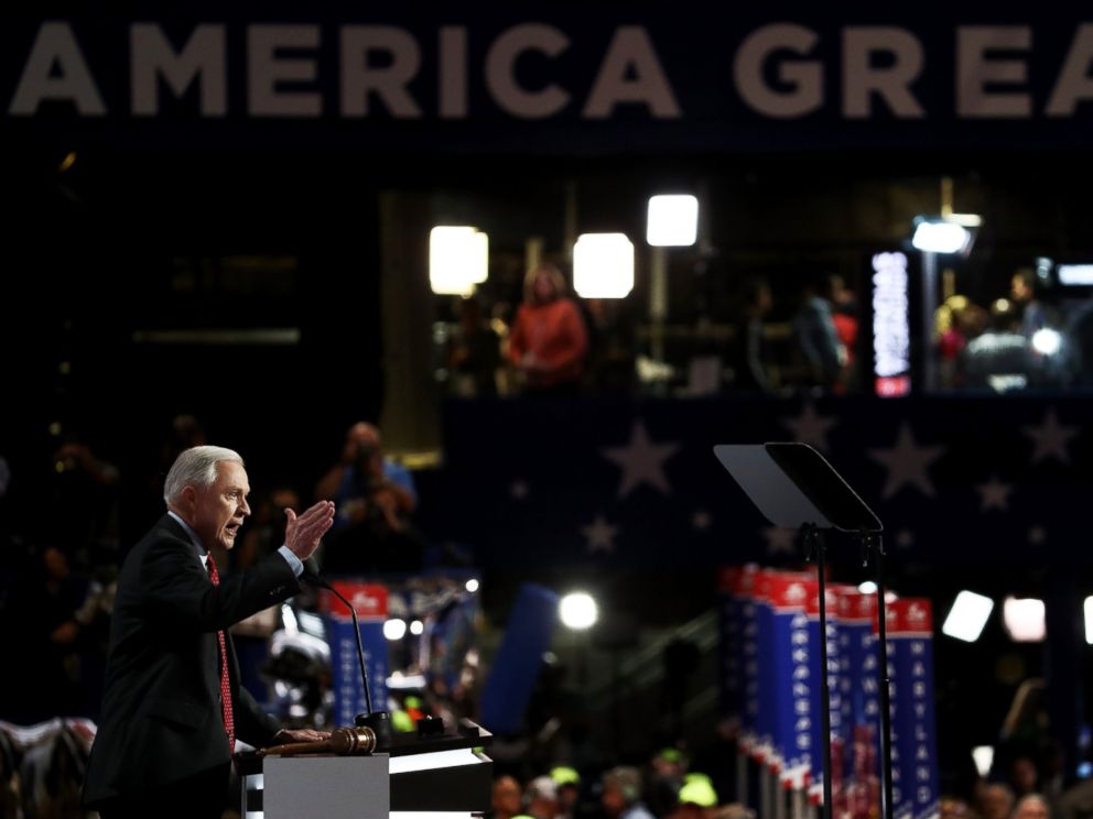 PHOTO: Sen. Jeff Sessions (R-AL) delivers a speech during the opening of the second day of the Republican National Convention, July 19, 2016, at the Quicken Loans Arena in Cleveland, Ohio.
