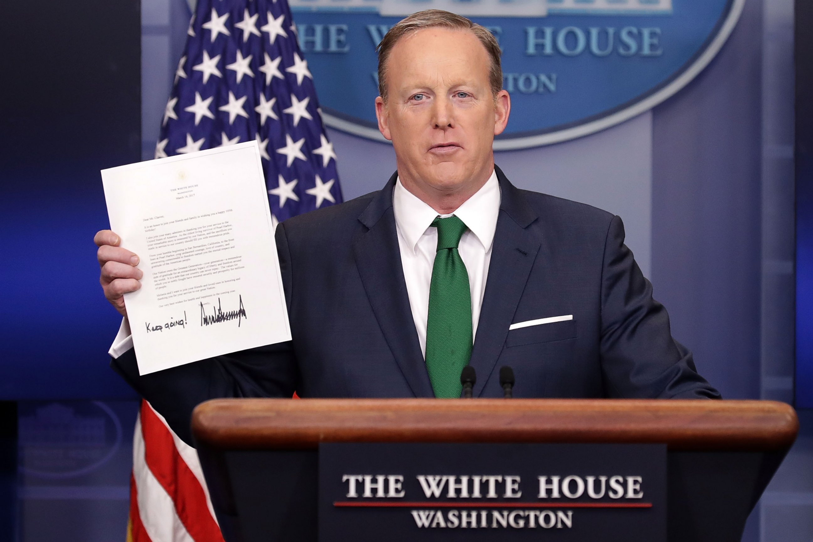 PHOTO: Sean Spicer conducts the daily press briefing in the Brady Press Briefing Room at the White House, March 16, 2017. 