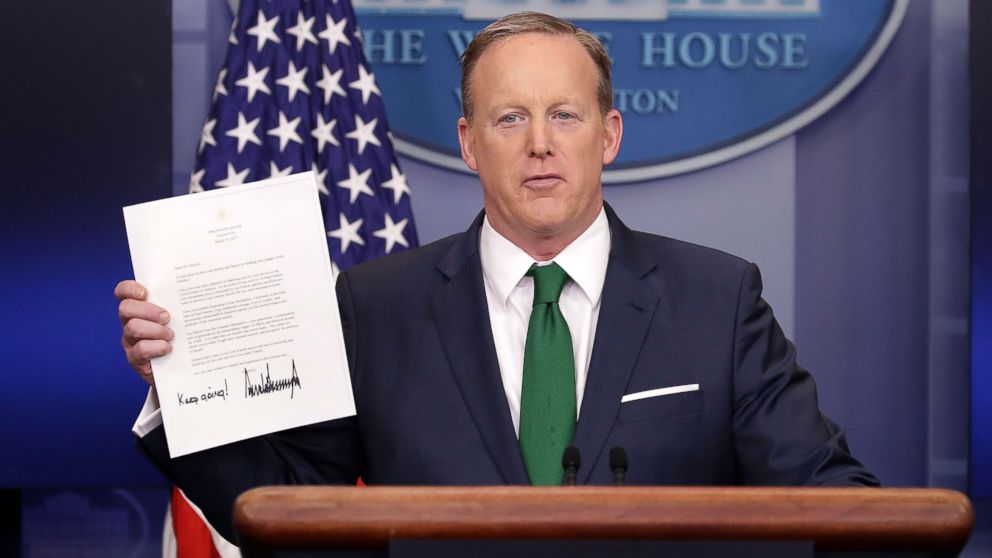 Sean Spicer conducts the daily press briefing in the Brady Press Briefing Room at the White House, March 16, 2017.